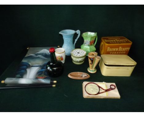 Box of misc china and collectables, including vintage tins, ceramics,  glass etc
