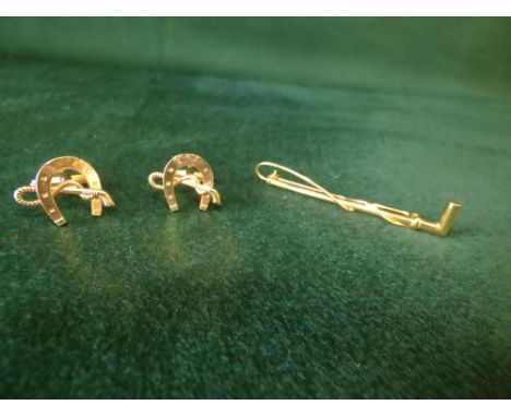 Pair gold plated cufflinks in the form of horse shoe & hunting crop, & gold plated stock pin