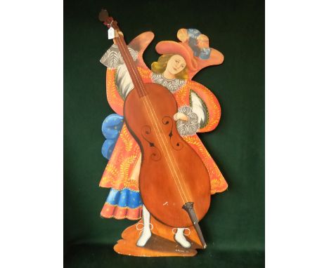 Decorative carved wooden cutout stand, of a theatrical Shakespearean figure playing the cello, painted  in colourful hues, 11