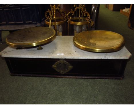 French large set of brass scales, with stamped marks to plates,  set on marble platform and wooden base, with brass plaque in