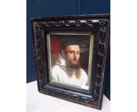 Oil painting portrait of a monk in carved dark wood frame, 24cm x 19cm
