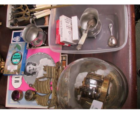 Glass domed skeleton clock & qty of bric a brac including brass ware, flat ware, playing cards &  Royal memorabilia etc