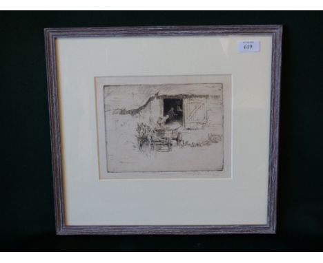 George Soper, Haycart & labourers in a Farmyard, drypoint etching, signed, image size 15x20cm