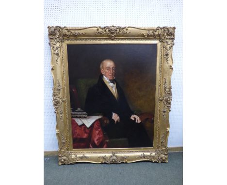 E Butler Morris, Portrait of a Gentleman seated, three quarter length, oil on canvas, 25x100cm, in elaborate giltwood and ges