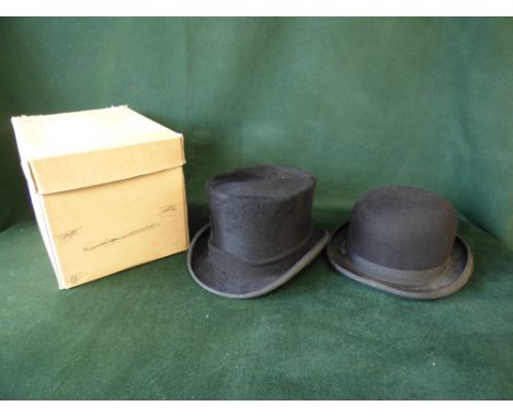 Gents black hunting top hat, by Lock & Co of St James, London & black showing bowler hat by Dunn & Co