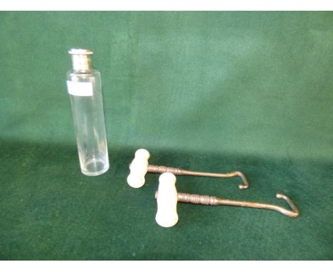 Silver plated & glass hunting spirit flask & pair of boot pulls