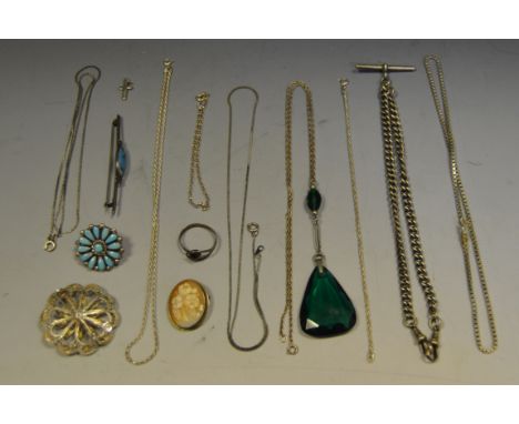 Silver - a circular filigree brooch; a bar brooch set with iridescent glass; a silver and turquoise enamel brooch; a silver f