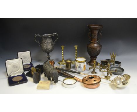 Ephemera - a silver plated trophy; an 18th century copper incense burner; a silver plated ladle; an 18th century horn beaker;