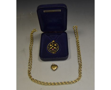 A 9ct gold love heart locket, 1.9g; a gold coloured metal chain, the clasp stamped 9ct, 17.2g; a yellow coloured metal circul