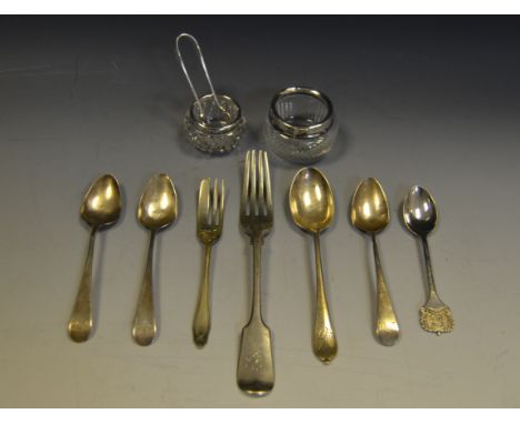 A silver mounted and clear glass salt;  another, smaller;   a silver Fidle pattern dessert fork;  tea spoons, etc 