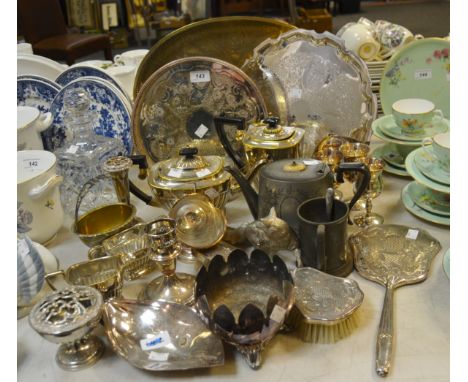 Silver Plated Ware - a silver plated gallery tray; a table sugar scuttle; toasting goblets; dressing table set; a four piece 