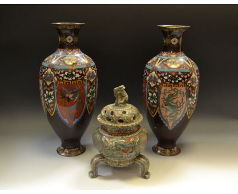 Oriental Ceramics - a pair of cloissone enamelled baluster shaped vases; a gilt and enamel koro (3) 
