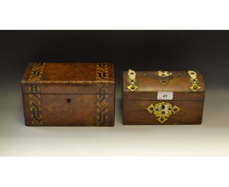 A Victorian walnut tea caddy, Tunbridge bands, c1870; another domed, applied with cut brass and ivory c1870