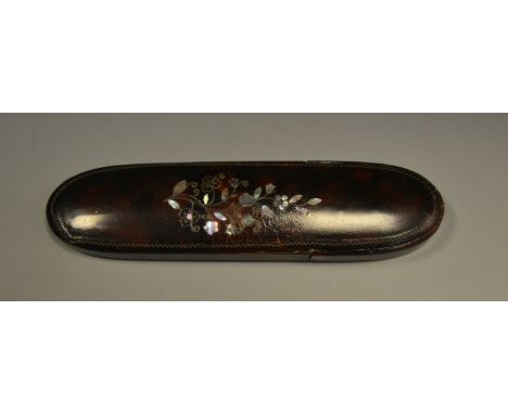 A 19th century mother of pearl inlaid papier mâché spectacles case, c.1870
