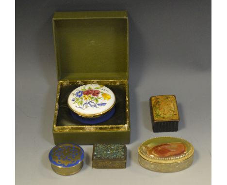 Boxes and  Objects - a 19th century papier mache snuff box;  others stone and brass, English Enamel pill box; etc (5)