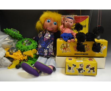 A4 - Poodle, a pelham puppet, boxed;  another, SS9 Pinky, boxed;  V5 Girl, ventriloquial puppet, boxed;    Britain Space Toys