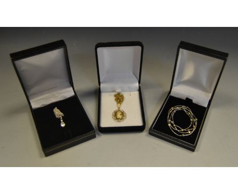 A 9 ct gold cameo on chain; an Italian 9 ct white gold necklace; another 9 ct white gold necklace, CZ pendant (3)
