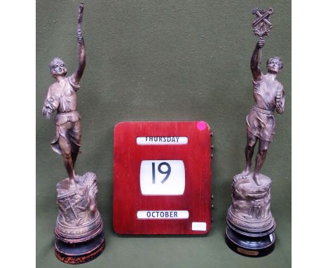 Pair of spelter figures, plus vintage oak perpetual calendar All in used condition, unchecked