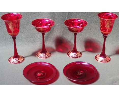 Two pairs of Murano Vetri Ruby glass vases, hand gilded and signed by Gino Cenedese, Also two Murano Vetri ruby glass saucers