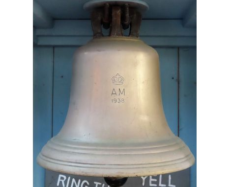 Large WWII RAF bronze scramble bell, dated 1938, with Air Ministry stamp, and original clapper, mounted on bespoke stand with