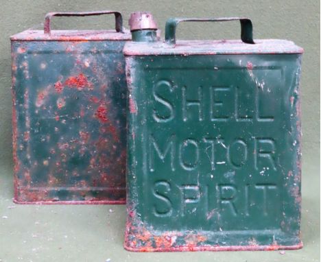 Vintage Shell Motor Spirit can, plus another similar. Approx. 32cms H x 25cms W x 15cms D used and worn with rust