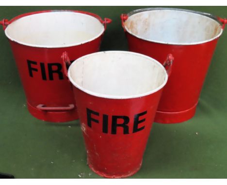 Three various vintage fire buckets, all with swing over handles all used and unchecked