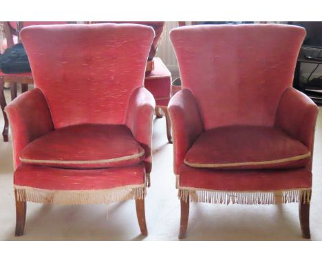 Pair of Early 20th century upholstered button back fireside armchairs 78cm H x 63cm W x 68cm D Reasonable used condition