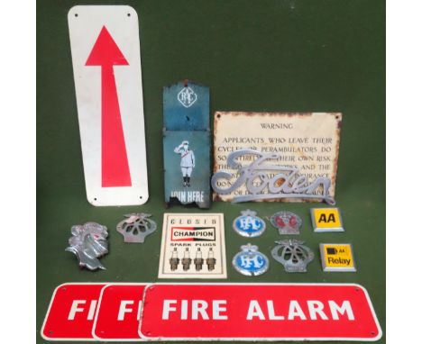 Mixed lot of various vintage car badges Inc. AA, RAC, etc. Also Fire Alarm signs, Warning sign etc used and unchecked
