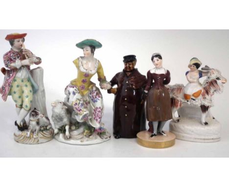 Chamberlains Worcester figure of a girl, also a Royal Doulton Kingsware watchman, also two Continental figures and a Stafford