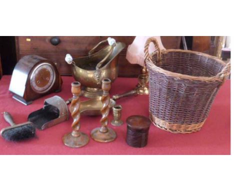Smiths Enfield 8-day mantel clock, log basket, two coal shovels, brass coal bucket and a pair of barley twist candlesticks et