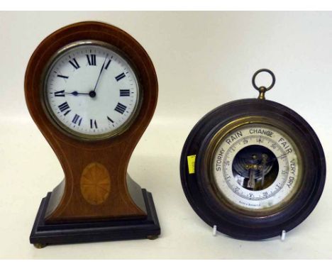 Edwardian mahogany and inlaid mantel clock and aneroid barometer. Condition report: see terms and conditions.