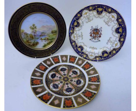 Adderleys plate with picture panel, Crown Cauldon china plate with presentation inscription, 1928 and a Crown Derby plate. Co