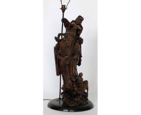 Chinese carved wood figure group, 20th century, as a table lamp, height 60cm. Condition report: see terms and conditions.