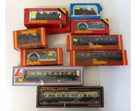 Hornby 00 gauge boxed train items including five tank engines, five coaches, also a Lima and Mainline coach. Condition report