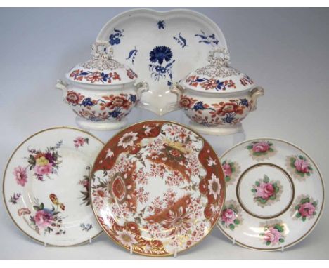 Chamberlains Worcester plate painted with a bold orange and gilt pattern, also a pair of Chamberlains Worcester lidded tureen