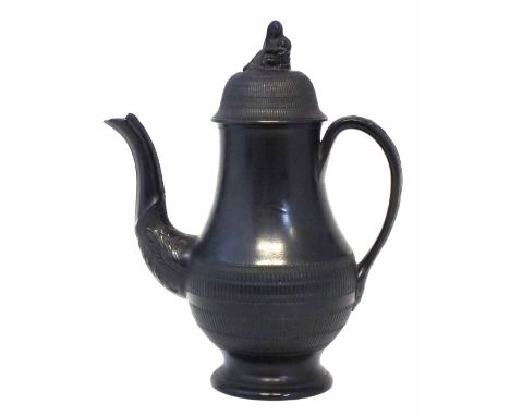 Black Basalt coffee pot with cloaked figure finial. Condition report: see terms and conditions.