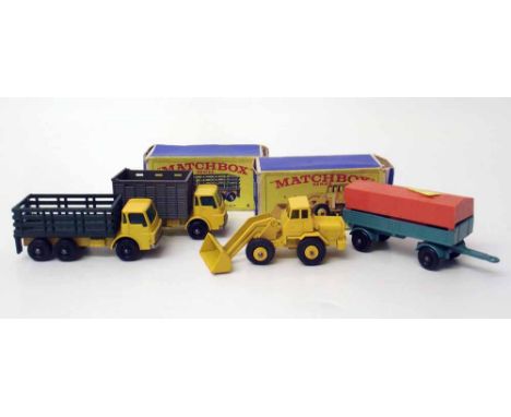 Two Matchbox series vehicles, tractor shovel and stake struck (boxed) and unboxed cattle truck etc. Condition report: see ter