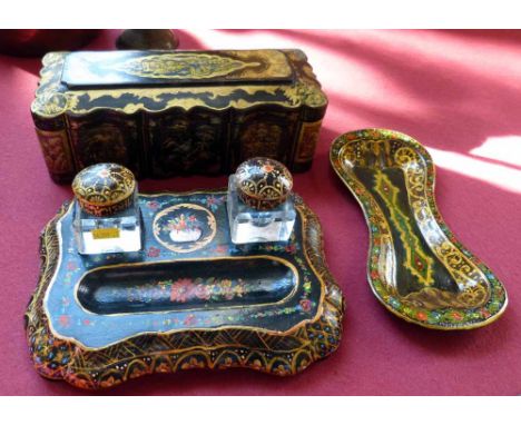 Papier Mache Ink Stand, Jewellery Box and Candle Snuff Tray Condition report: see terms and conditions.