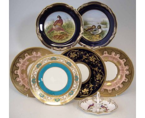 Two Coalport tooled gilt bowls, two plates by Minton and Cauldon decorated with raised gilding, and also two Spode plates and
