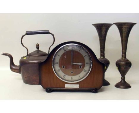 Copper kettle, pair of brass vases and mantel clock with three train movement. Condition report: see terms and conditions.