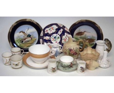 Eleven pieces of Royal Worcester including two barrel jugs painted with birds, also a Derby Stevenson and Hancock vase, two S