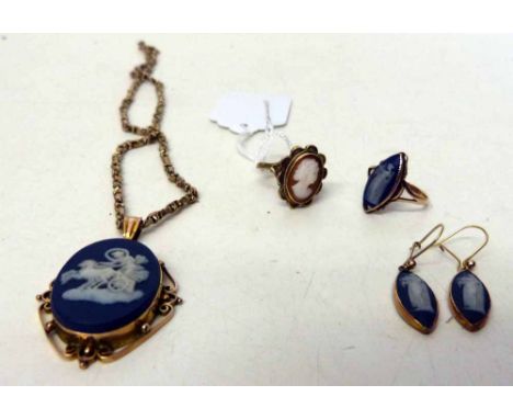 Wedgwood Jasper ring pendant earring set, also a cameo ring. Condition report: see terms and conditions.
