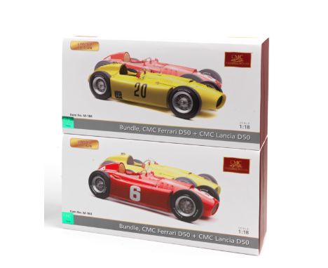 Two boxed 1:18 scale 1955 Lancia D50 and 1956 Ferrari D50 Grand Prix limited edition two-model 'Bundle' set, by CMC Models of