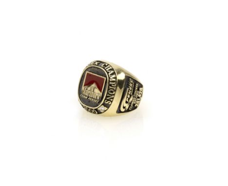 A 2000 Team Penske CART FedEx Champions gold and diamond ring,gentleman's ring, marked '10K' to the inside of the band, the f