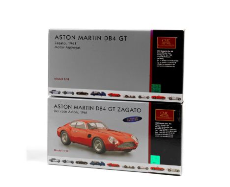 Two boxed 1:18 scale models of a 1961 Aston Martin DB4 GT Zagato and engine, by CMC Models of Germany,hand-built finely detai