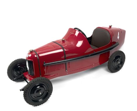 An Alfa Romeo P2 pedal car, modern,steel frame, fitted with front and rear axles, treadle pedals, and red fibreglass body, be