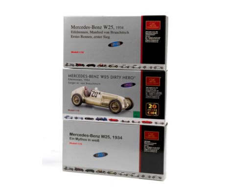 Three boxed 1:18 scale 1934 Mercedes-Benz W25 limited edition models, by CMC Models of Germany,hand-built finely detailed mai