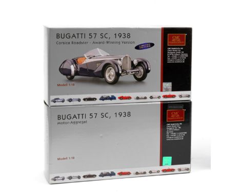 Two boxed 1:18 scale models of a 1938 Bugatti Type 57 SC and engine, by CMC Models of Germany,hand-built finely detailed main