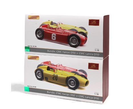 Two boxed 1:18 scale 1955 Lancia D50 and 1956 Ferrari D50 Grand Prix limited edition two-model 'Bundle' set, by CMC Models of