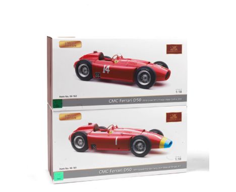 Two boxed 1:18 scale limited edition 1956 Grand Prix Ferrari D50 models, by CMC Models of Germany,hand-built finely detailed 